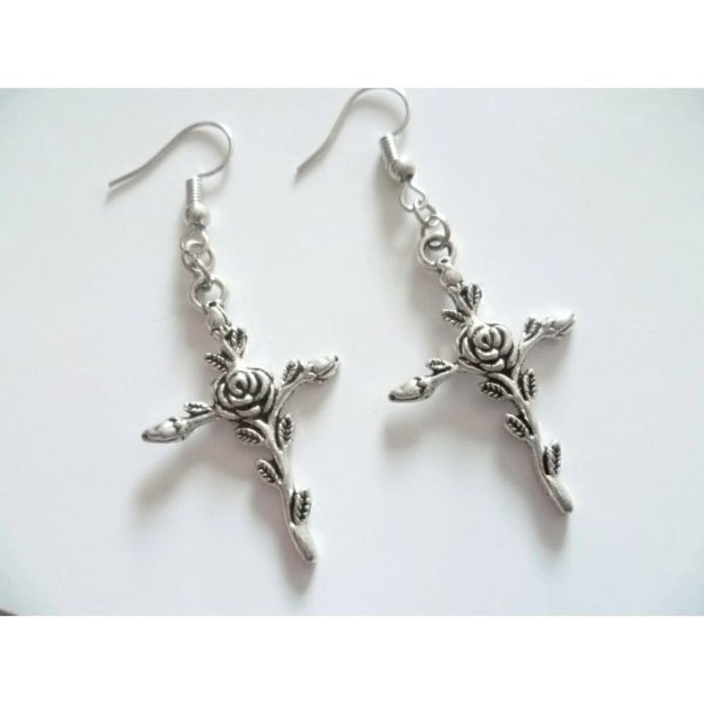 Silver Rose Flower Cross Crucifix Dangle Earrings